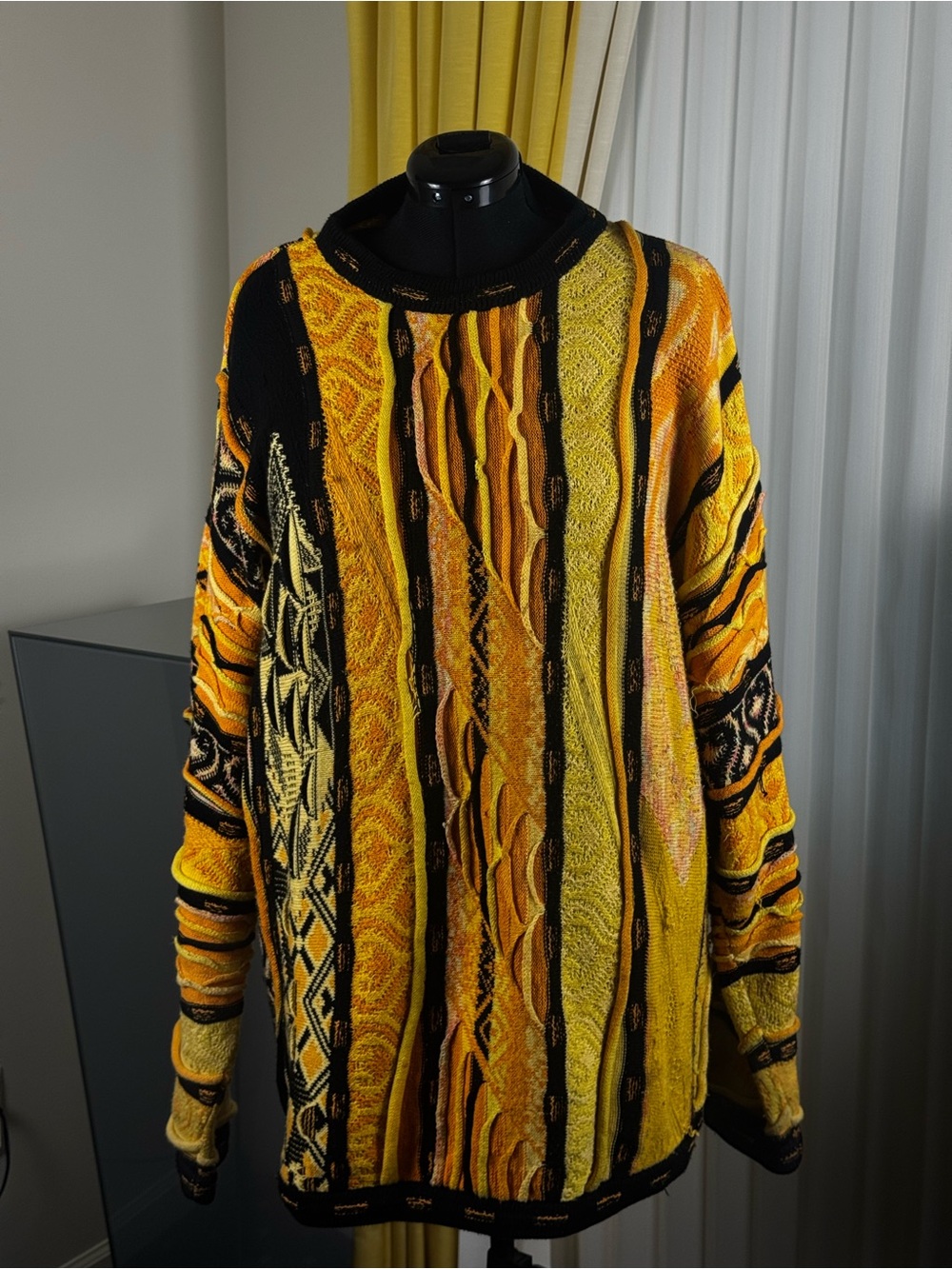 COOGI Yellow and Black Multi-Textured Crewneck Sweater